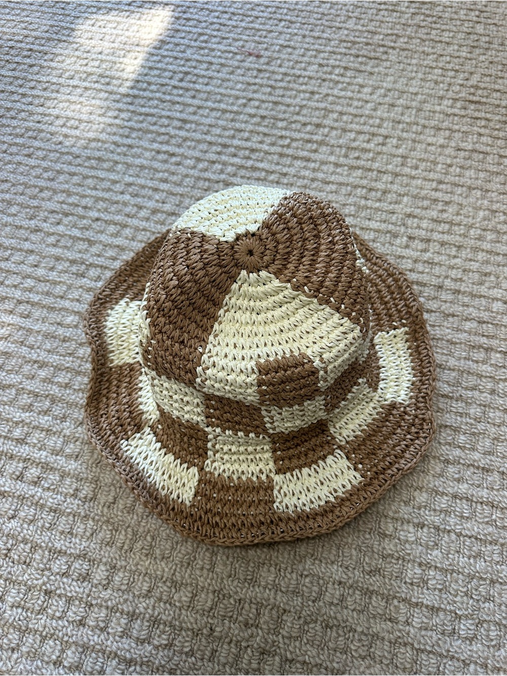 Brown & Cream Checkered Crochet Bucket Hat
